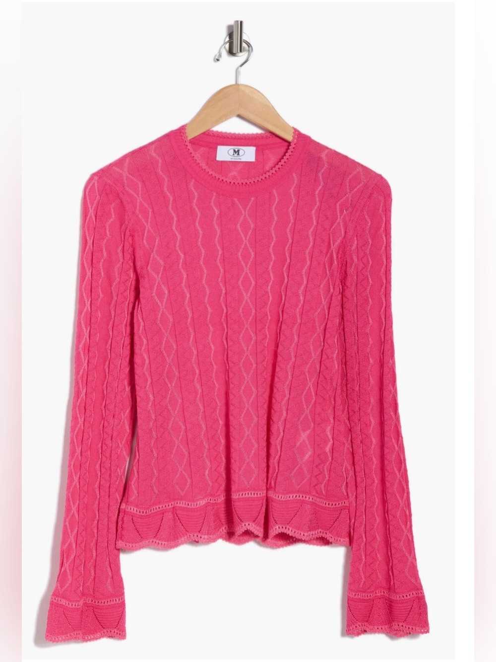 MISSONI Pointelle Pink Textured Crewneck Knit Sweater Flare Sleeves